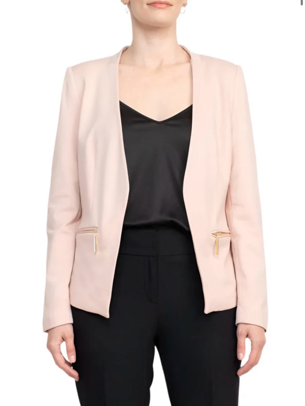 Tahari Blush Pink Open Front Long Sleeve Zip Pocket Detail Blazer